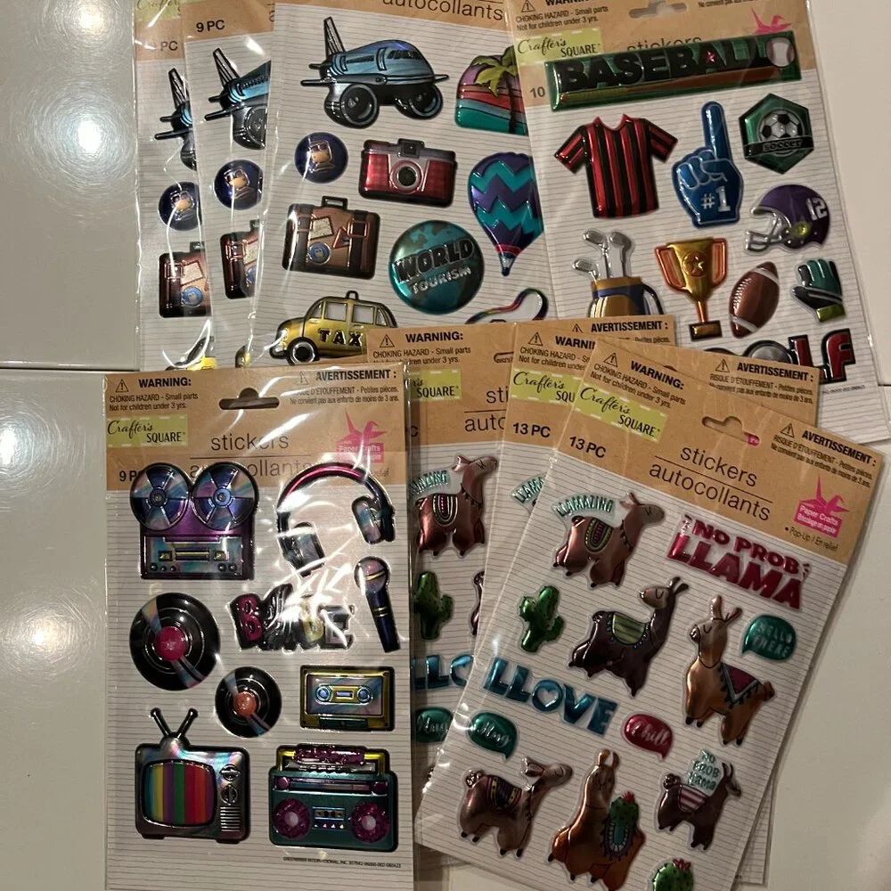 Metallic Puffy Stickers (10 Packs) Llamas,‎ Trave,l 80s, Sports (NEW)